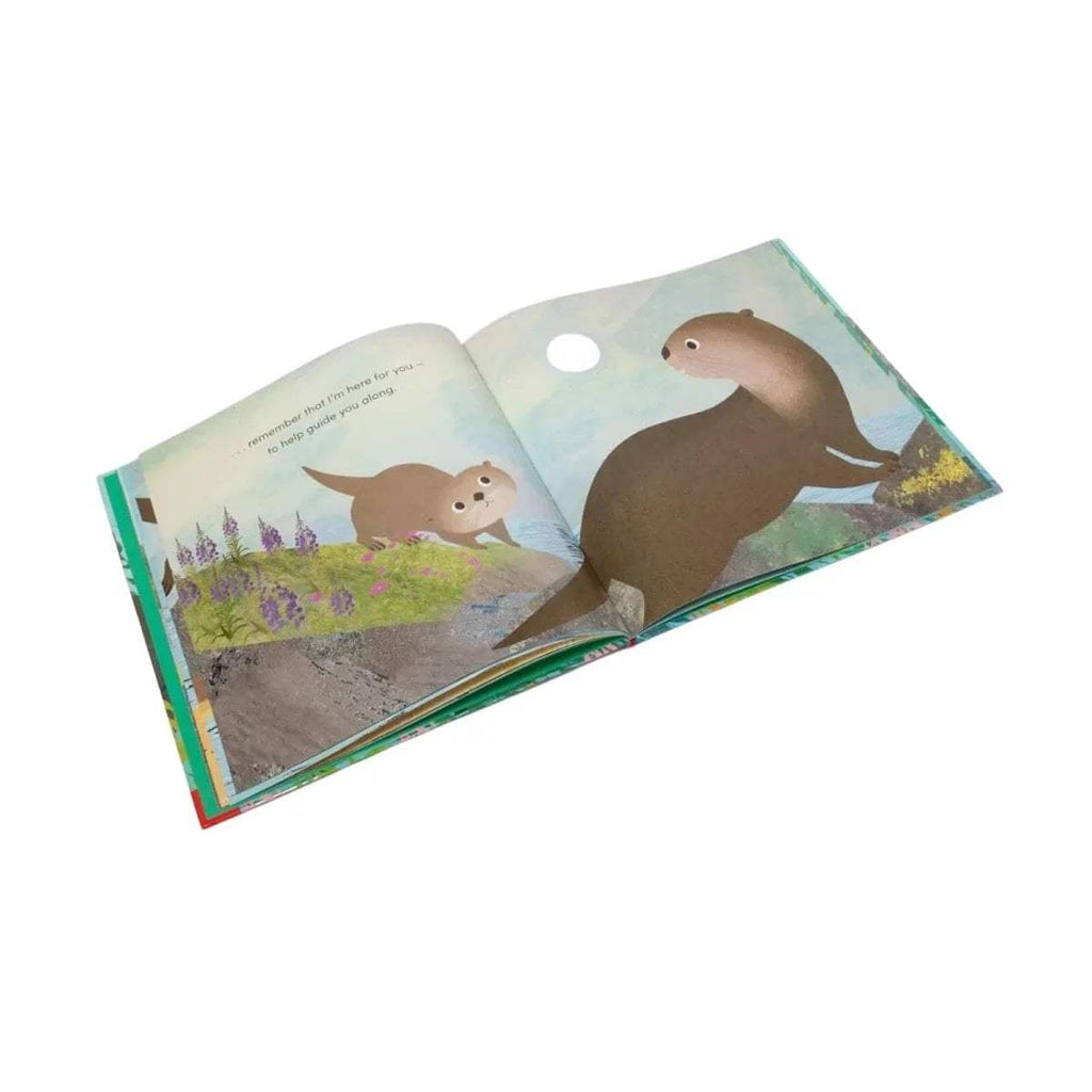 Children's picture book open spread with large otter on land and small otter in grass