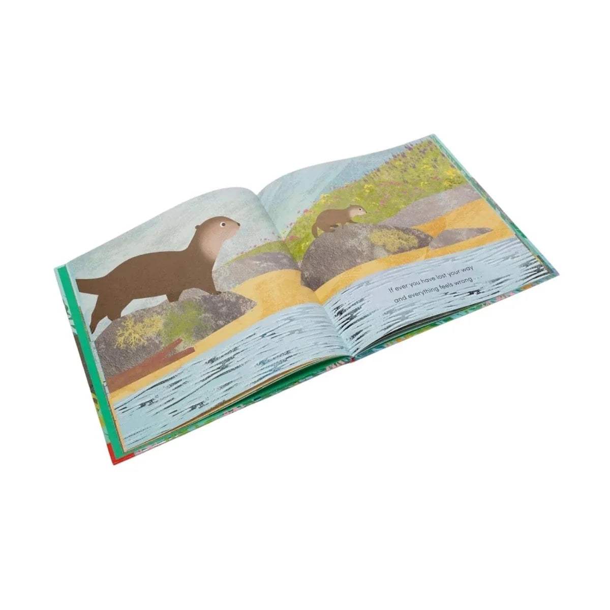 Children's picture book open spread featuring otters by colorful shoreline and water