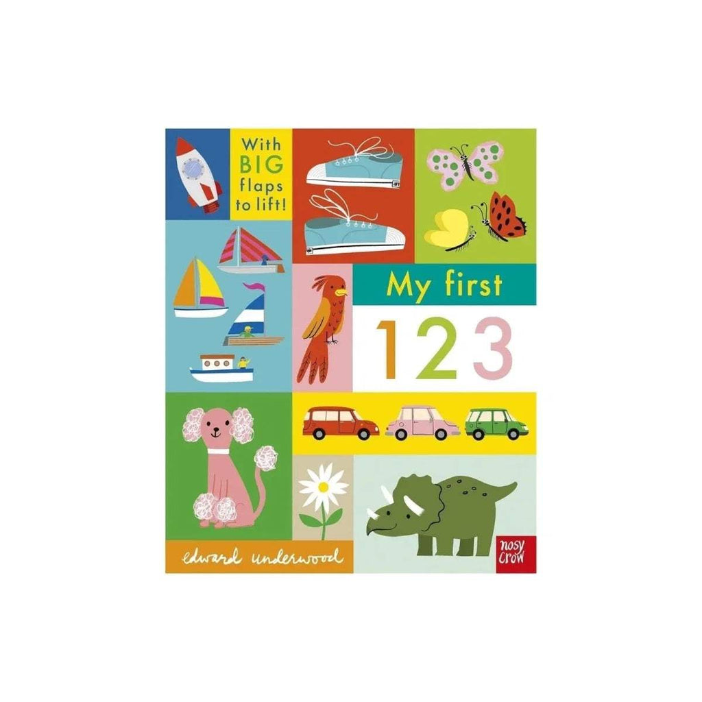 Children’s lift-the-flap board book cover, “My first 123” with animals and vehicles