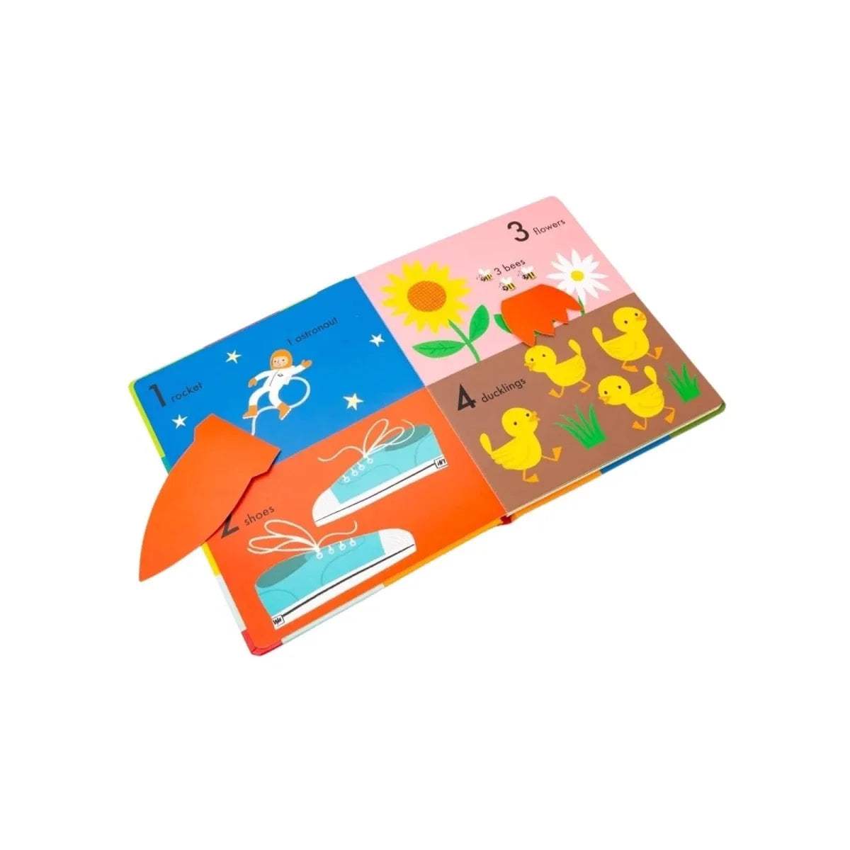 Open children’s lift-the-flap board book, number flaps with spring flowers and ducks