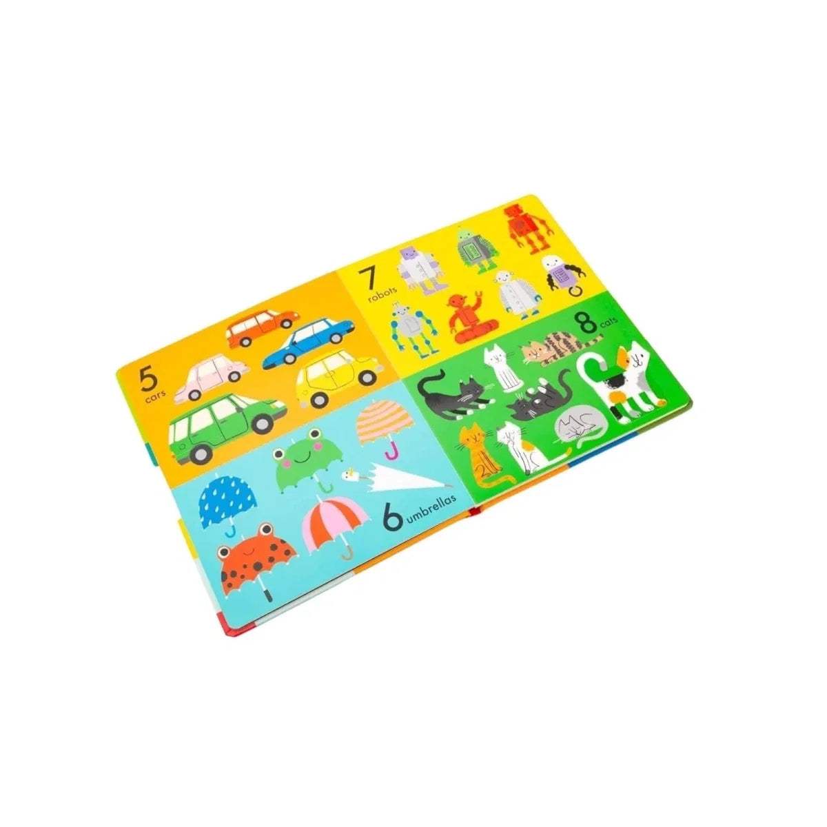 Open children’s lift-the-flap board book pages with vehicles, animals, and umbrellas