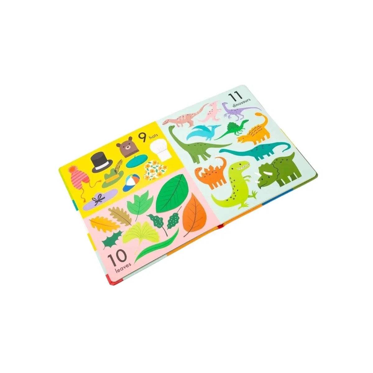 Open children’s lift-the-flap board book pages with dinosaurs and nature scenes