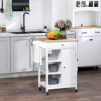 White kitchen trolley with light wood top, open shelf, pull-out drawer, and cabinet storage