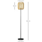 Tall floor lamp with woven rattan shade and slim black pole, size markers
