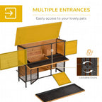 Rabbit hutch with raised roof, multiple entrance doors, wire mesh panels, lockable front access