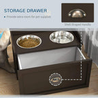 Brown raised dog feeding station with two bowls and open drawer storage for pet supplies