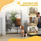 Black pressure-mounted dog safety gate with vertical bars, shown for multiple areas