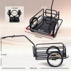 Black bike cargo trailer with hitch and deck, shown with size measurements