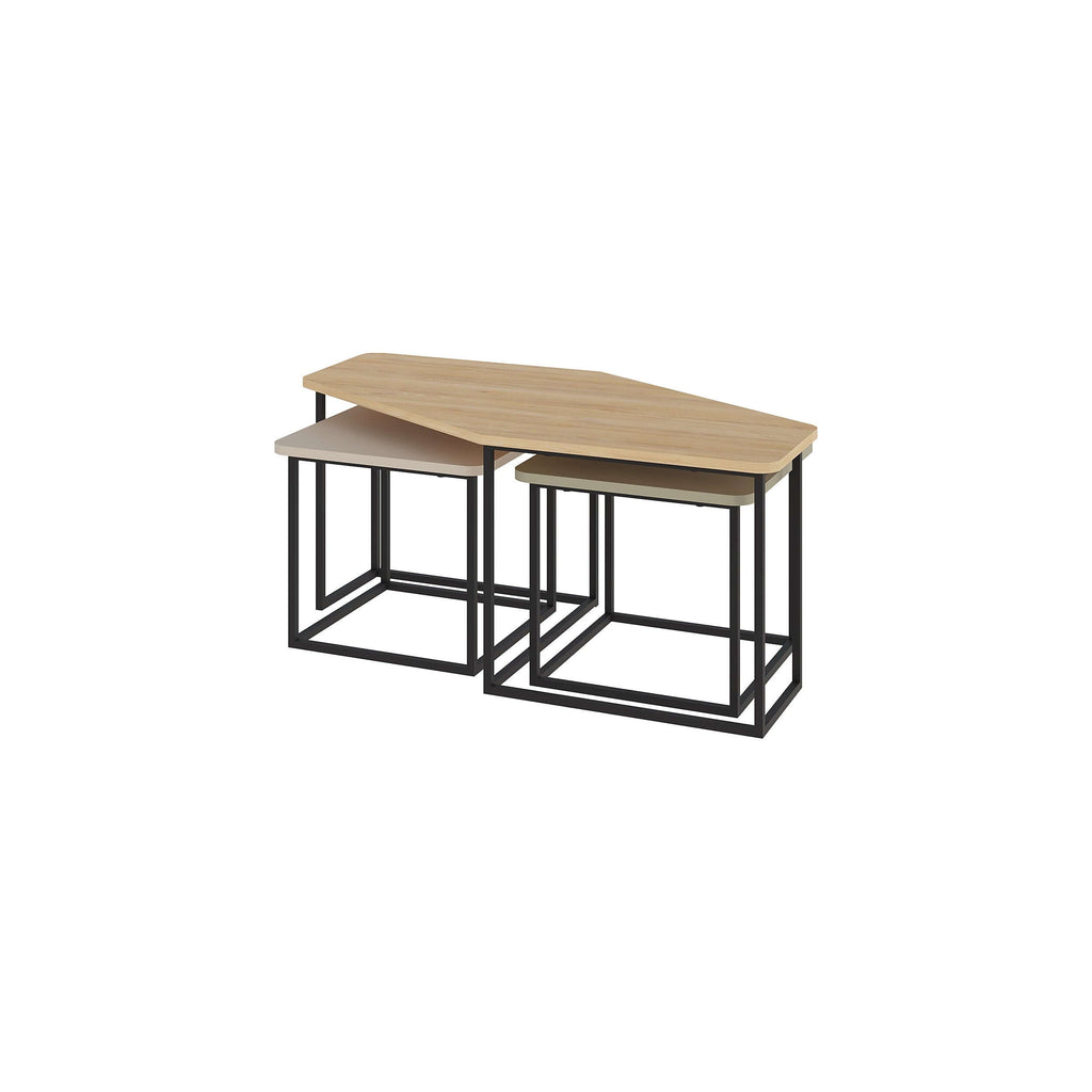 Modern coffee table set with light wood tops and black metal frames, side-by-side view