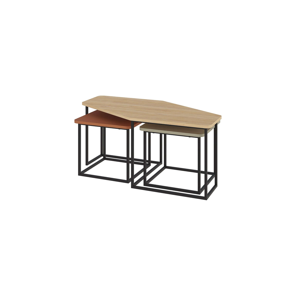 Modern coffee table set with light wood tops and black metal frames, nested side view