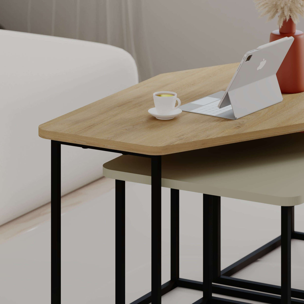 Square light-wood coffee table with black metal legs and lower shelf, close corner view