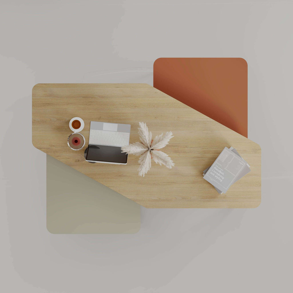 Light oak modern coffee table set with black metal frame, tabletop with coasters and decor