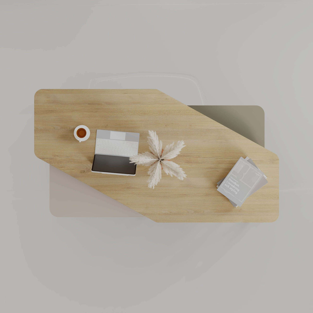 Overhead view of 3-piece nesting coffee table set with light wood top and dark base