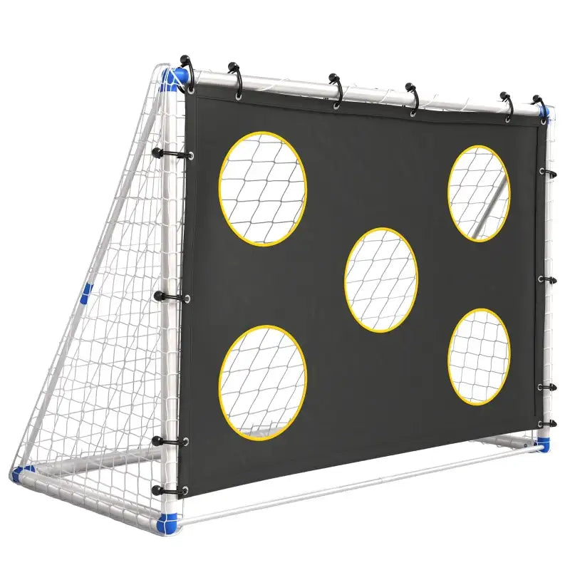 Portable football practice goal with black target cloth, white circular targets, white net
