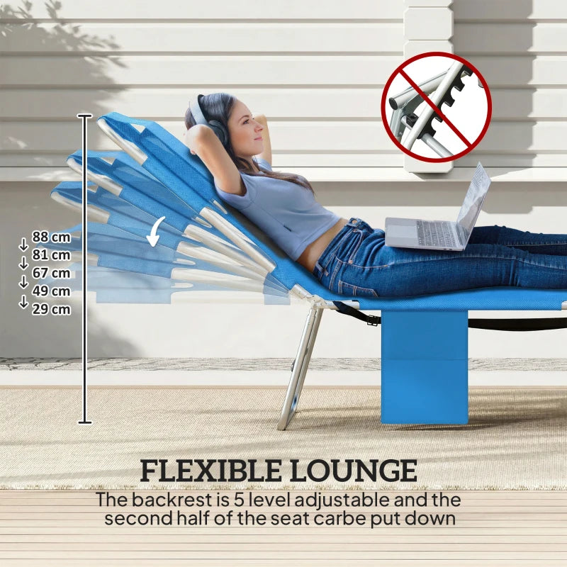 Blue 5-position adjustable sun lounger with reading hole and side pocket