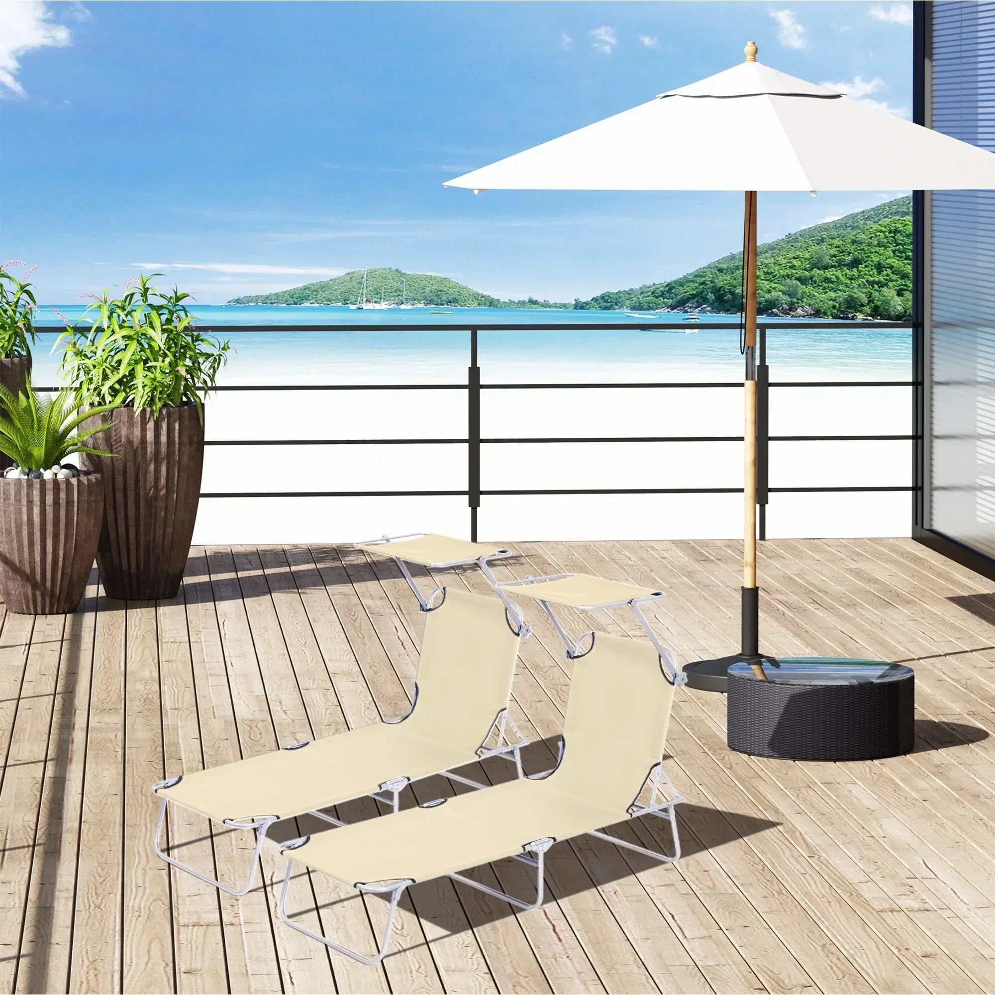 2 Pieces Outdoor Foldable Sun Lounger, 4 Level Adjustable Backrest Reclining Sun Lounger Chair with Angle Adjust Sun Shade Awning for Beach, Garden, Patio, Beige - Bobobiy