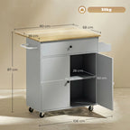 Grey rolling kitchen island with drop-leaf top, drawer, open storage shelves, and wheels