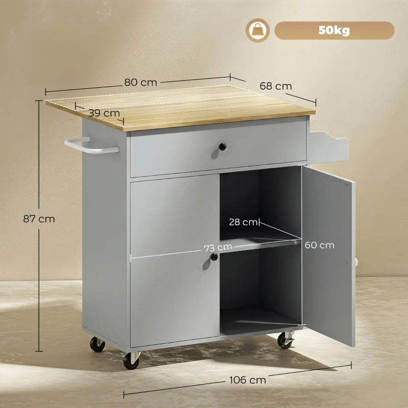 Grey rolling kitchen island with drop-leaf top, drawer, open storage shelves, and wheels