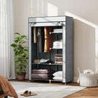 Foldable light grey fabric wardrobe with hanging rail, shelves, and open double doors