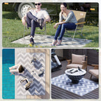 Reversible outdoor rug mat with light grey and white zigzag chevron pattern shown in use