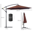 Coffee hanging umbrella parasol with size dimensions, dark pole and stand