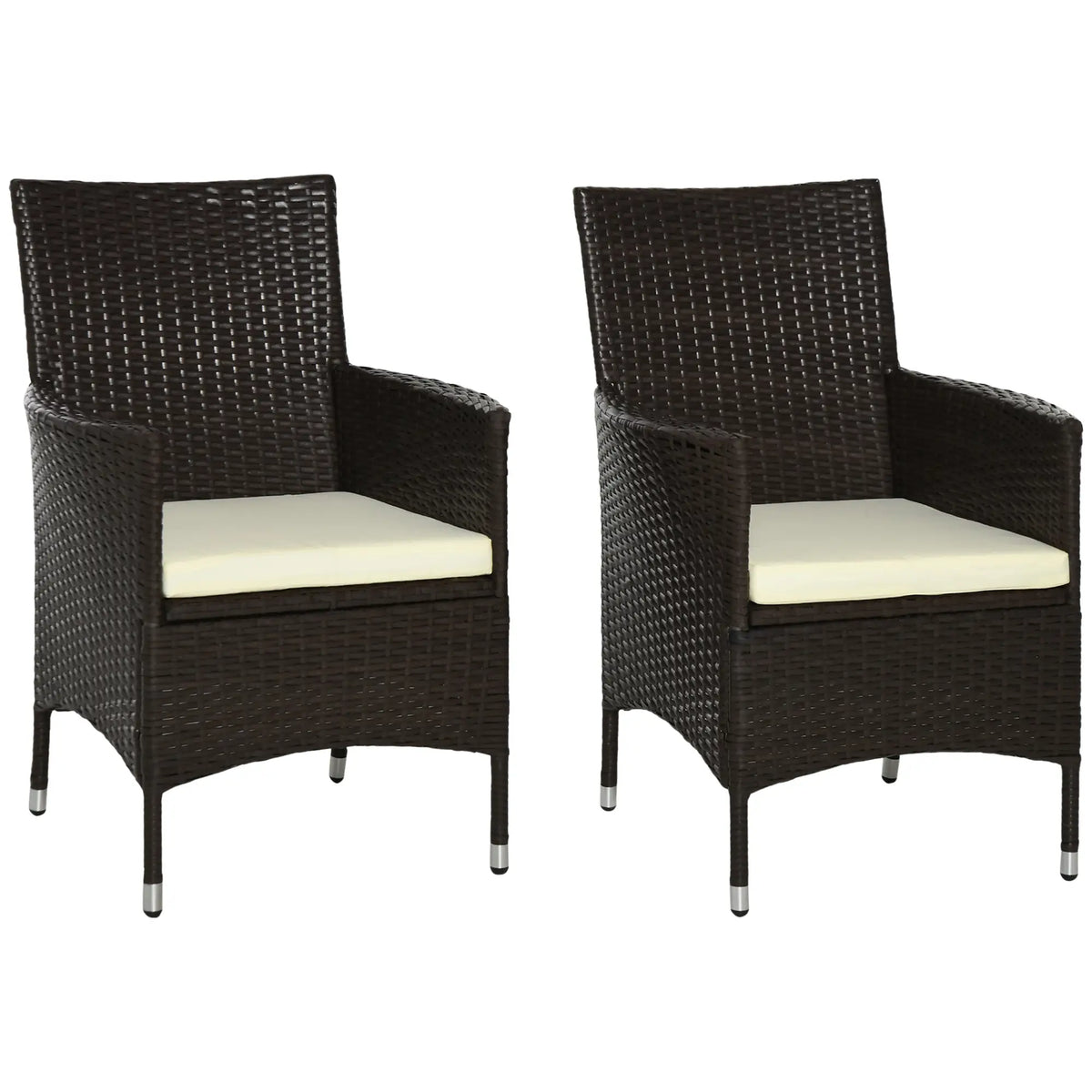 Two dark brown PE rattan patio armchairs with cream seat cushions and metal legs