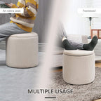 Cream white round storage ottoman used as extra seat or footrest, removable lid open.