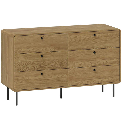 Oak 6-drawer dresser with oak wood grain, black knobs, and black tapered legs