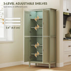 Green tall pantry cupboard with 3-level adjustable shelves and door open to view storage.