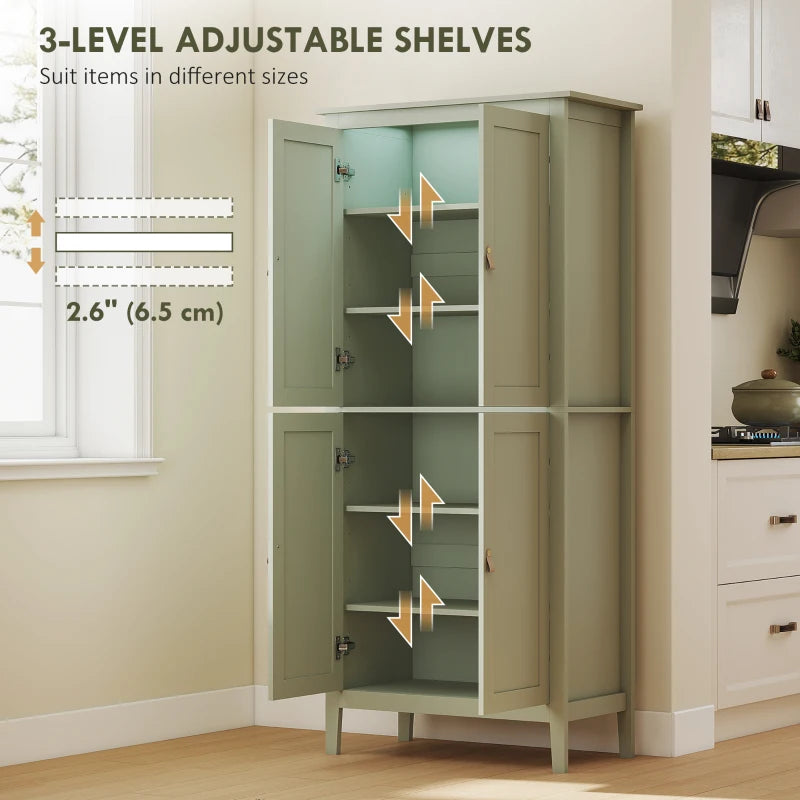 Green tall pantry cupboard with 3-level adjustable shelves and door open to view storage.