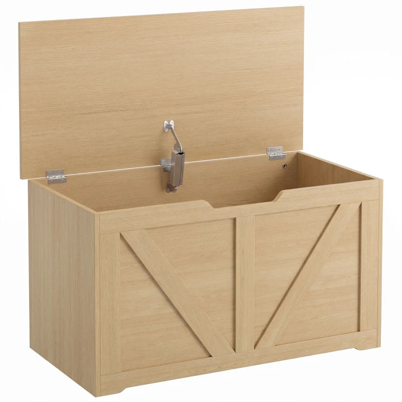 Wooden storage box with open lid and safety hinge hardware, natural light wood finish