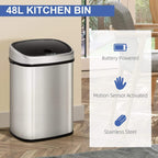 48 L silver stainless steel kitchen bin with black lid and sensor top