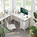 White foldable office desk with 3 drawers and extendable top, on caster wheels