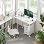 White foldable office desk with 3 drawers and extendable top, on caster wheels
