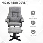 Grey fabric recliner chair with matching footstool, thick padded seat and black swivel base.