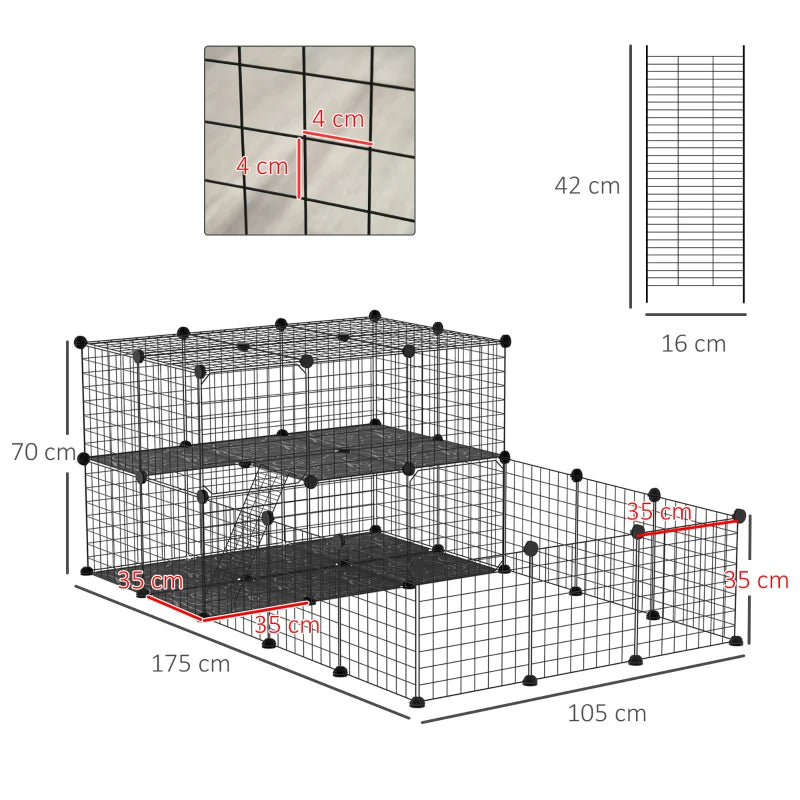 Black metal mesh pet playpen cage with black platforms and hinged door panels