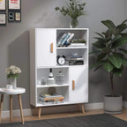 White bookcase cabinet with two doors, open shelves, wooden handles, and wooden legs
