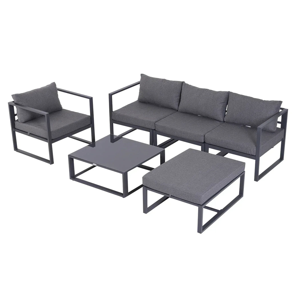 6 PCs Outdoor Indoor Sectional Sofa Set Thick Padded Cushions Aluminium Frame 5 Seaters 1 Coffee Table Footrest Grey - Bobobiy