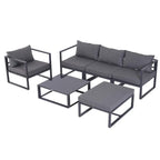 Grey outdoor sectional sofa set with two chairs, bench seat, and coffee table