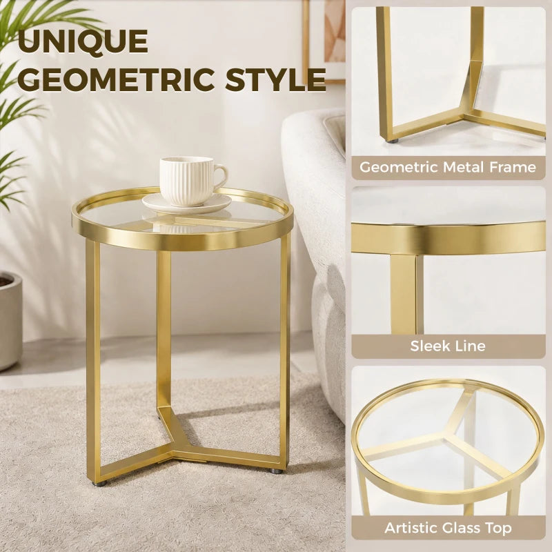 Gold round side table with geometric metal frame and clear tempered glass top
