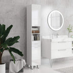 White tall narrow bathroom cabinet with open shelves, three drawers, and storage doors