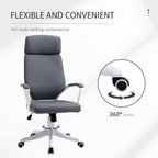 Grey office chair with headrest; 360 swivel base and caster wheels