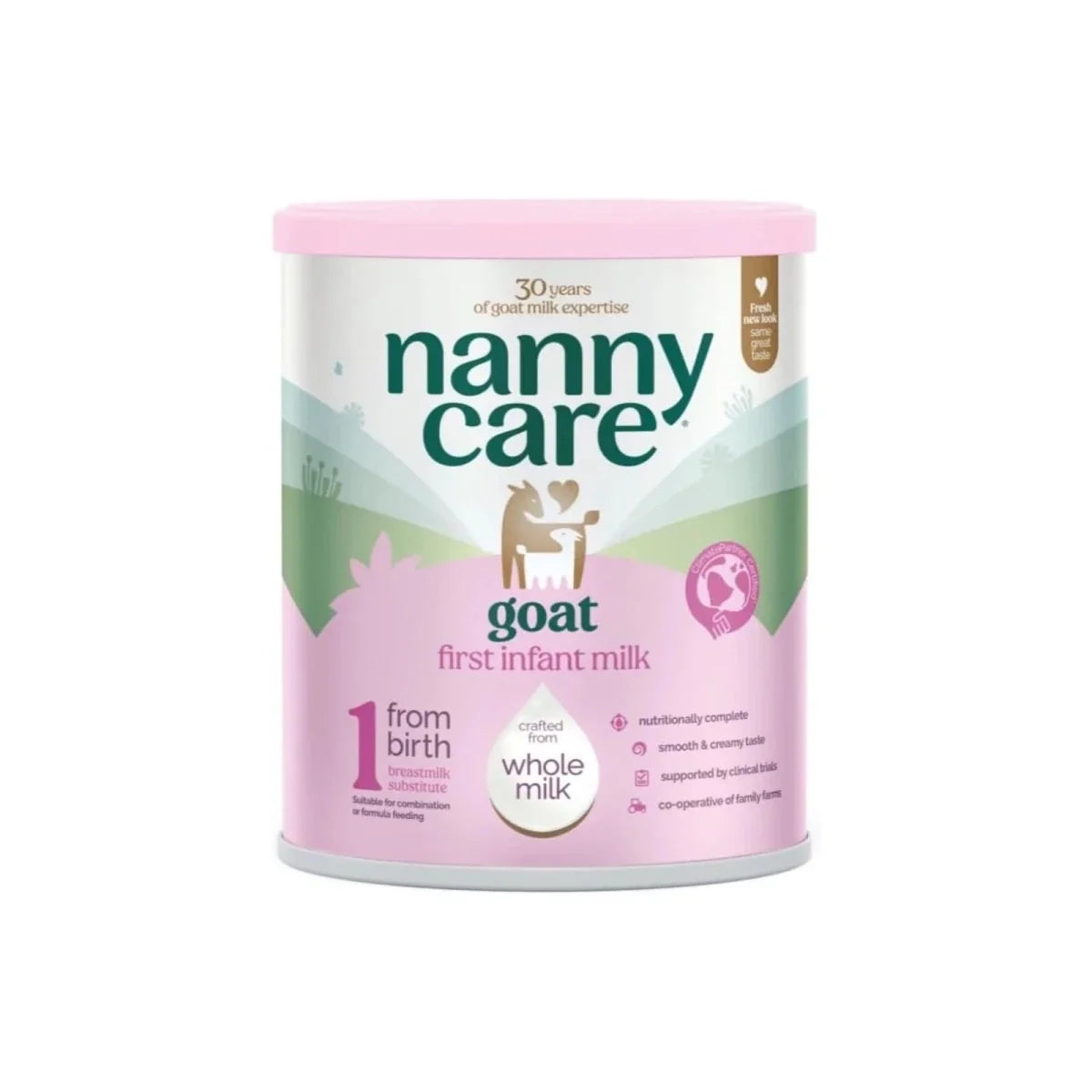 Nannycare Stage 1 goat first infant milk formula canister, pink lid and green label