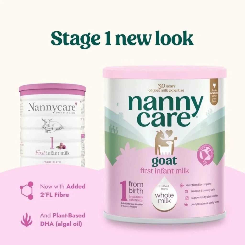 Nannycare Stage 1 goat first infant milk formula canister with smaller can beside it
