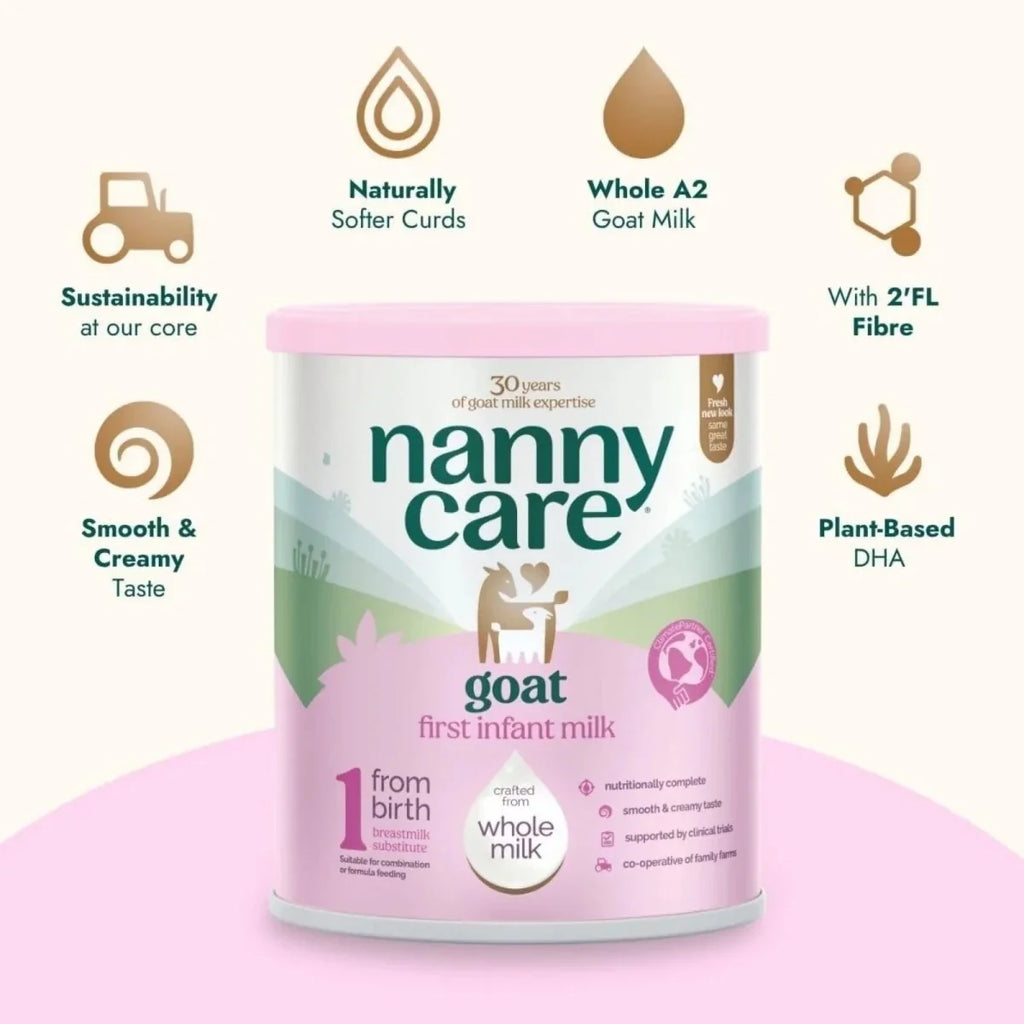 Nannycare Stage 1 goat first infant milk formula canister, front panel with icons