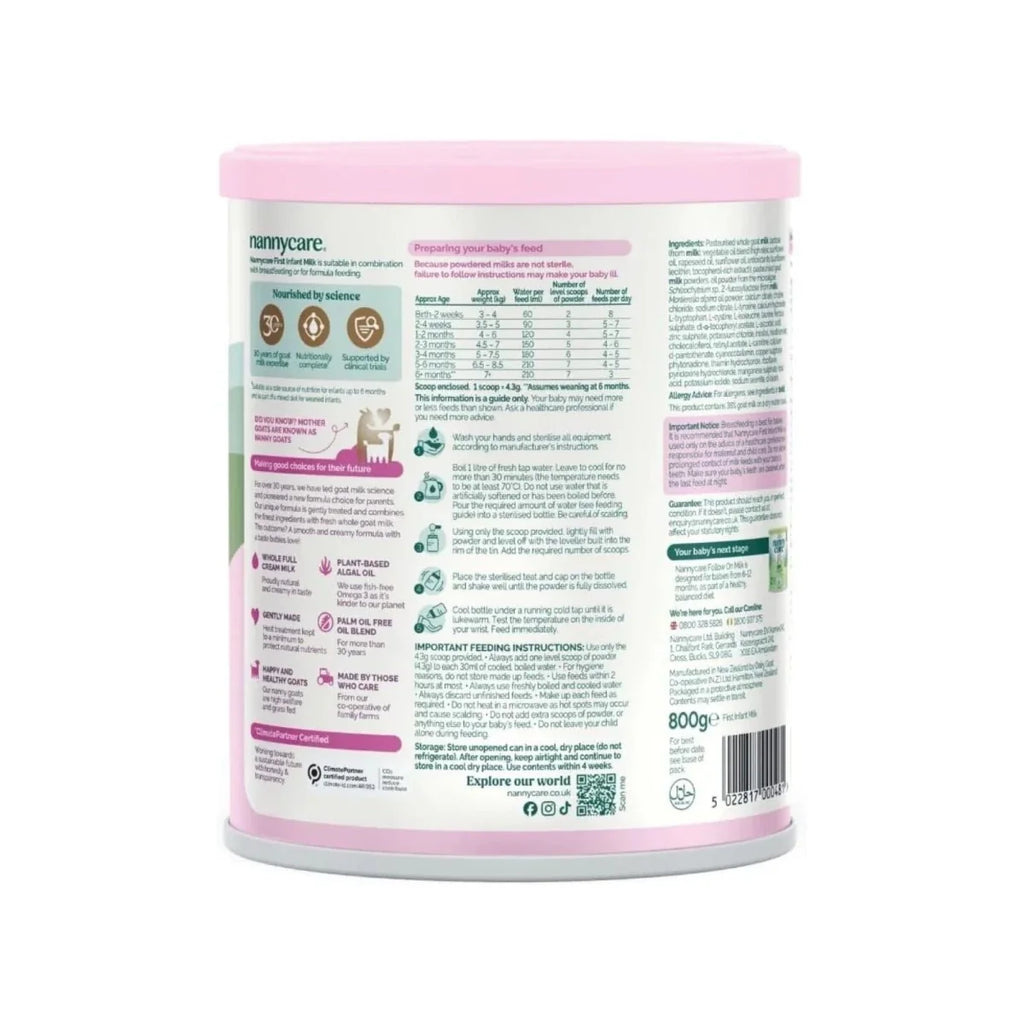 Nannycare Stage 1 goat first infant milk formula canister, back label with nutrition table