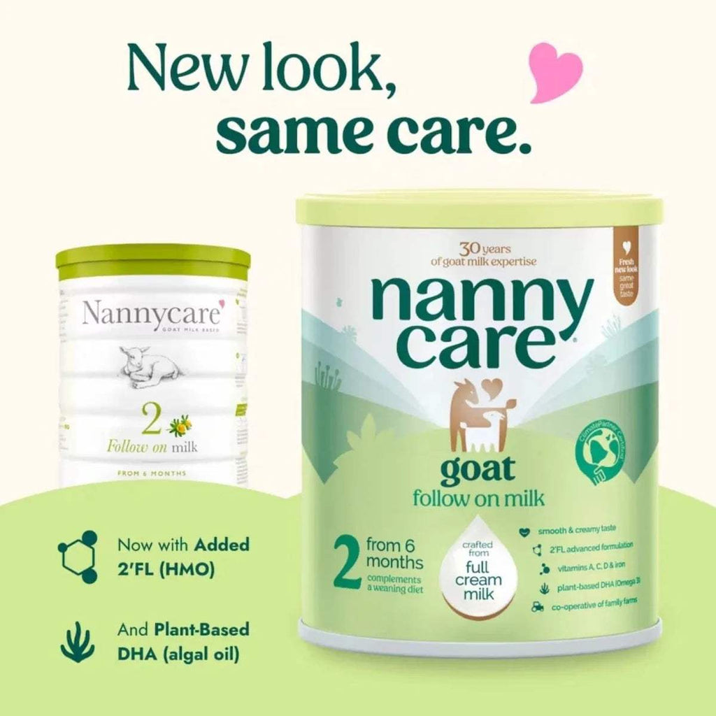 Goat infant milk formula canister with 2’FL HMO callout, green-and-white, 800g