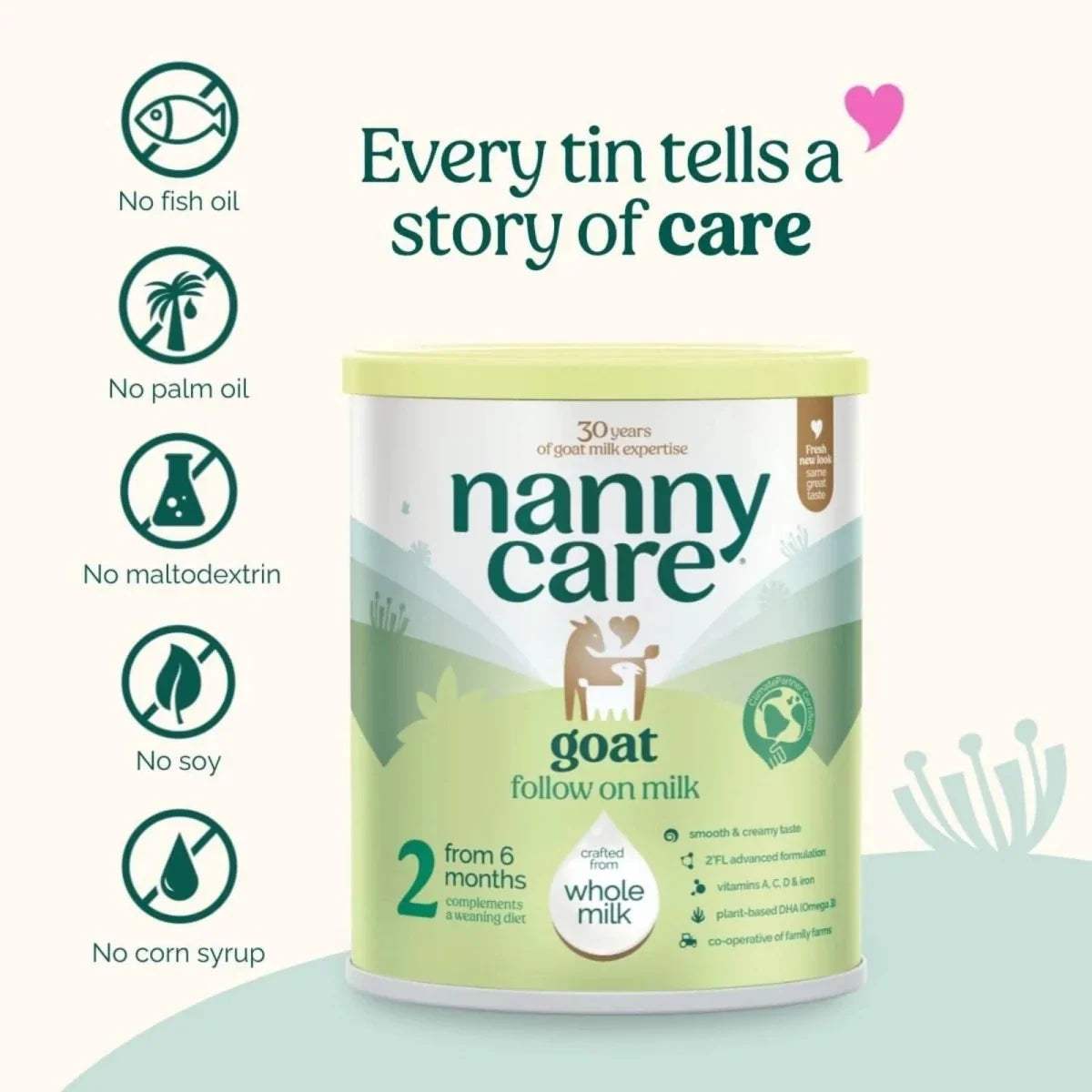Goat follow-on milk canister with oil-free icon badges, green-and-white, Stage 2