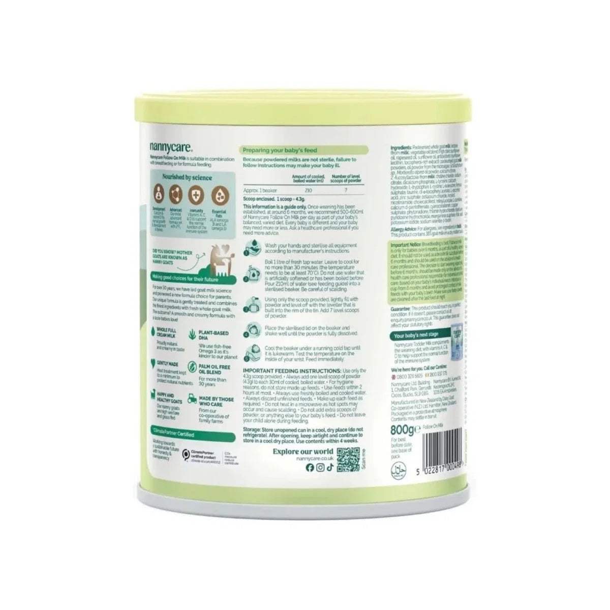 Back label of goat milk formula canister, green-and-white nutrition panel, 800g