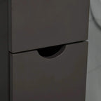 Dark brown pull-out drawer with rounded handle cutout, close-up
